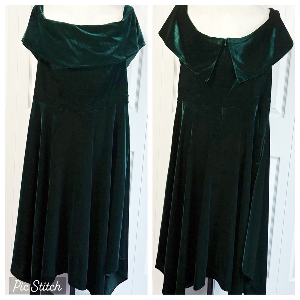 NWT Xscape Evening Hunter Green Velvet Off Shoulder Dress 18W